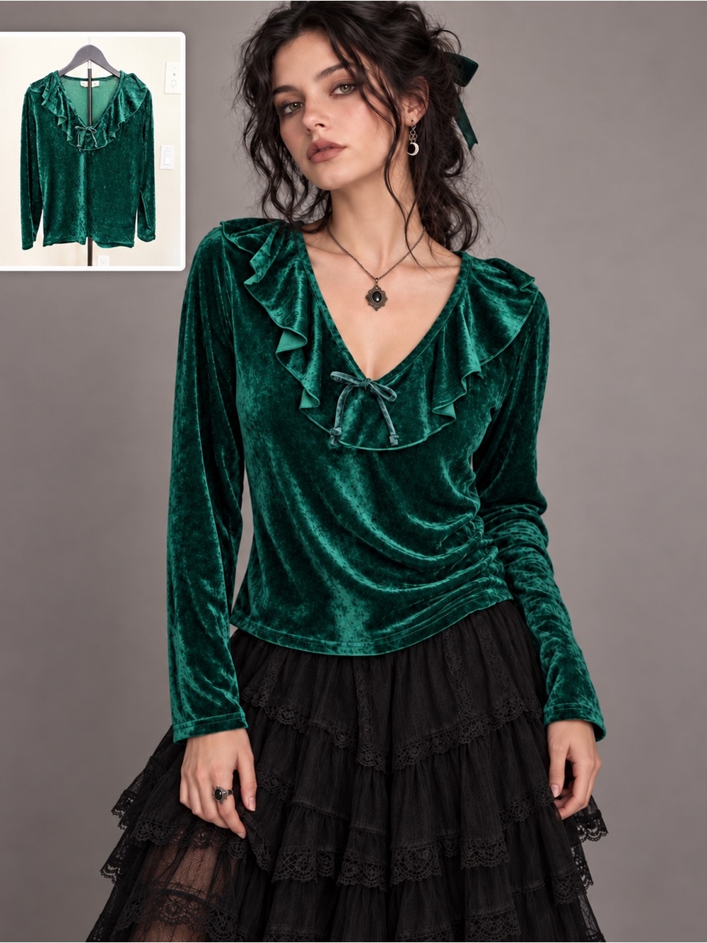 Vintage 1980s Wendy Watts Emerald Green Velvet Ruffle Top Whimsigoth Fairycore